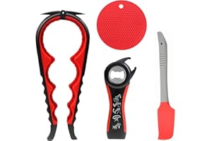 AMROICUS Apribarattoli e Apribottiglie per Anziani e Mani Deboli, Set 4 Pezzi Multiuso con 5-in-1 Apribarattolo, Apribottiglie, Tappetino Antiscivolo in Silicone e Spatola