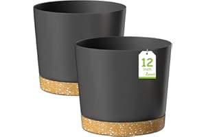 ZMTECH 30.5cm Plant Pots, Modern Planters with Drainage Holes and Detachable Saucer, Plastic Flower Pots for Plants for House Garden Windowsill (Set of 2, Dark Grey)