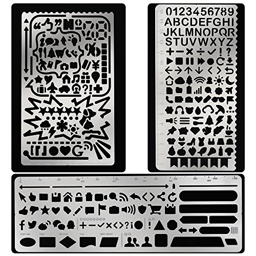 GIMARS 3 Stück Edelstahl Schablone Malen Multifunktionale Zeichnung Lineal – Zusatz mit einer tragbaren Reißverschlusstasche – Set ideal für Bullet Journal, Scrapbooking, Karten und Craft Projekte - 5
