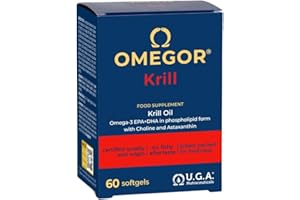 Omegor Krill - Complément alimentaire avec phospholipides, choline, Oméga-3 et astaxanthine à haute biodisponibilité - 260 mg d'EPA et DHA - Sans arrière-goût - Facile à avaler - 60 capsules