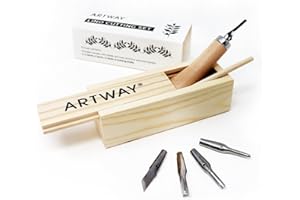 Artway Lino Cutting Tools – Ideal for Relief Printmaking – 5 Assorted Cutting Nibs and Ergonomic Handle in Wooden Storage Box