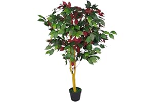 Leaf Albero/pianta artificiale di ficus realistico, 120 cm, rosso verde