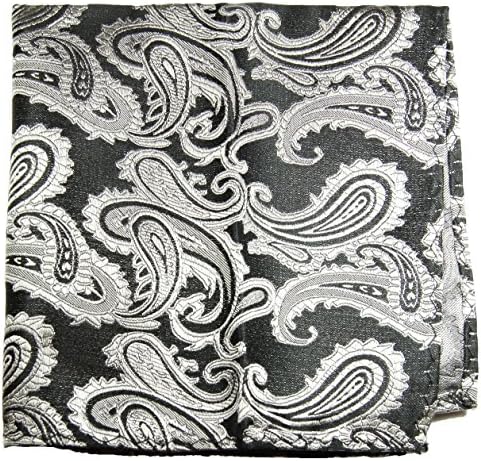 Black silver paisley pocket square handkerchief 100% silk
