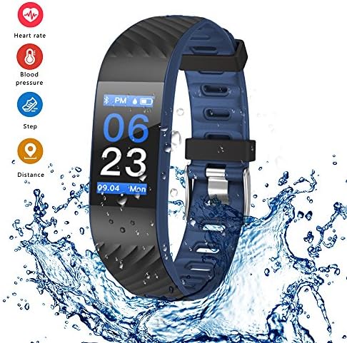 RimeU Bluetooth Smart Bracelet Fitness Activity Tracker with 0.96 Inch Color Touch Screen Sports Watch Pedometer IP67 Waterproof Wristband Blood Pressure Heart Rate Sleep Monitor Alarm for Android iOS Samsung Xiaomi Moto iPhone Gift for Kids Parents Friends Women Men (Dark Blue)