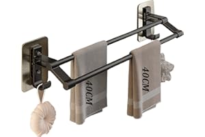 ANMEISH Self Adhesive Towel Rail 40cm,Anti Rust Aluminium Towel Rack with 2 Hooks,2 Tier Black Sticky Towel Holder,Double Wall Mounted Stick on Towel Bar No Drilling for Bathroom Kitchen Shower Toilet