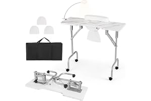 COSTWAY manikyrbord, vikbart, nagelbord med elektrisk dammuppsamlare, LED-lampa, handledsstöd och hjul, manikyrbord marmorutseende, inkl. bärväska