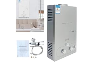 ECUTEE LPG Gas Water Heater 16L 32KW Portable Instant Gas Hot Water Heater Propane Boiler Camping Shower Stainless Steel Tankless LED Display Shower Kit for Home Apartment Outdoor Garden, Silver
