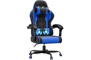 JUMMICO Chaise Gaming Ergonomique avec Massage Lombaire, Fauteuil Gaming avec Dossier Inclinable, Ergonomic Office Chair avec Assise Douce et Résistante, Idéale pour Jeux et Boulot, Bleu
