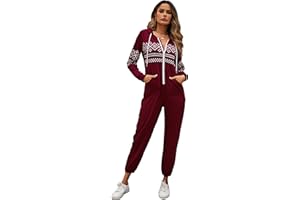 YesFashion Weihnachts Jumpsuit Damen Schlafanzug Einteiler Mit Kapuzen Onesie Weihnachten Mit Reißverschluss Winter Weihnachts Overall Mit Renntier