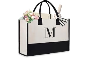 Aucuu initial duk bärväska, tygväska, stor kanvas, damhandväska, shoppingkassar med dragkedjefickor, personlig presentväska för kvinnor mamma lärare bokstav
