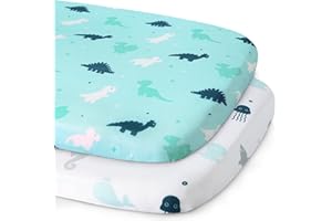SPRINGSPIRIT Baby Crib Fitted Sheets 84x43cm, 2 Pack Ultra Soft & Breathable for Moses Basket, Pram, SnuzPod4, Kinderkraft, COSTWAY 3-in-1, Bellababy Bedside Crib - Aqua Dinosaurs & Oceans