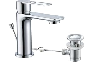 HPWVKVDB Basin Taps with Pop Up Waste, Modern Basin Mixer Tap Bathroom Sink Taps Mono Single Lever Bathroom Tap with Drain and Hot and Cold Supply Hoses
