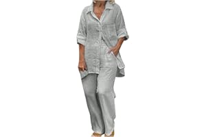 SUSENSTONE Femme Ensemble de Survêtement Coton et Lin Printemps Chic Chemisier + Pantalon de Joggings Tenue de Sport Décontracté Streetwear Casual Couleur Unie Hauts Lâche Respirant Chemise Tops