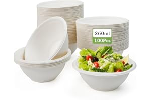 Kleemeiero 100 Bols En Carton Jetables Bols À Soupe 260 Ml Construction Stable Bols Jetables Durables En Canne À Sucre Vaisselle Chaleur Et Polyvalent Pour Fêtes, Barbecues Pique Niques