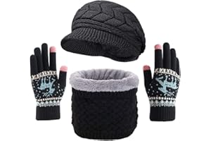 ASYBHYY Gorras Invierno con Bufanda y Guantes Táctiles Antideslizante 3 en 1 de Punto Sombreros Slouchy Calentar Gorro con Forro Polar para Mujeres y Hombres