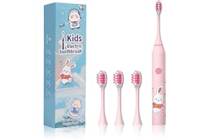 SOLTESE Kids Electric Toothbrush Rechargeable, 3+ Years, IPX7 Waterproof, 5 Modes & 2-Min Smart Timer, 24,000 VPM, Kids Sonic Toothbrush, Includes 4 Extra Soft Brush Heads Gentle on Gums (Pink)
