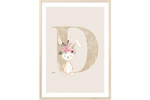 MeinBaby123® Poster avec lettres DIN A4 pour chambre d'enfant fille et garçon,Décoration pour chambre de bébé,Images pour chambre d'enfant,Idée de naissance,Lettre initiale D (lapin,D)