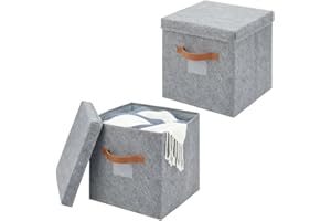 mDesign Juego de 2 cajas de almacenaje para armario o dormitorio – Cesta organizadora grande de fibra sintética y con tapa – Organizador de armario para guardar ropa y otros accesorios – gris