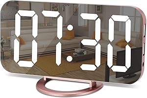 U-PICKS Espejo Reloj Despertador, Reloj Despertador Digital, Pantalla LED grande de con modo de atenuación, brillo ajustable, 2 puertos de carga USB Botón SNOOZE grande para la sala de estar del dormitorio