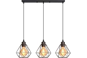 iDEGU 3 Lampes Suspension Luminaire Industrielle Métal Lustre Plafonnier Style Cage Géométrique Éclairage E27 Lampe de Plafond Vintage pour Salon Cuisine Salle à Manger Café, Noir, Ø 16cm (Barre)