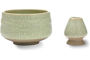 ‎TEANAGOO TEANAGOO Chawan Miseczka do herbaty Matcha i podstawka do trzepaczki Matcha, uchwyt Chasen, MB-6, 510 ML, matowy jasnozielony z czarnym szwem, 2 szt./opak.