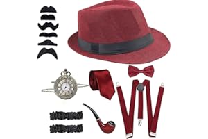 LUFEIS Disfraz Ganster Años 20 Hombre Disfraz de Gatsby Gangste Accesorios de Hombre de Años 1920 con Sombrero Tirante Pajarita Reloj de Bolsillo Bigote Falso para Fiesta Bailes de Halloween Navidad