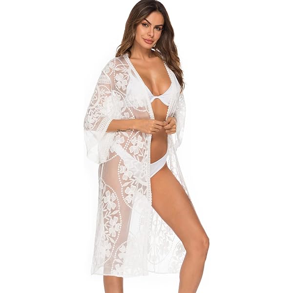 Cardigan Long Dentelle Femme - Kimono Léger été - Couverture Plage Fleurie - Paréo Bikini - Taille Unique