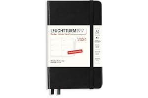 LEUCHTTURM1917 367637 kalendarz tygodniowy Pocket (A6) na 2024, z dodatkowym zeszytem na adresy i rocznice, czarny, niemiecki, 12 miesięcy