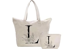 Toozen Personalizadas Bolso Tote de Mujer con Inicial, Bolsa de lona con Bolsillo Interior, Bolsa de Compras con Bolso de Cosméticos, Regalos para Damas Mejor Amigas Mamá, Regalo Cumpleaños Navidad L