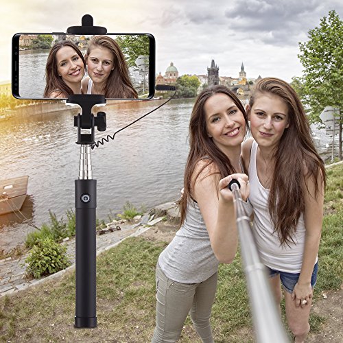 Palo Selfie Stick con Cable de Power Theory para Tel  fonos M  viles Android  iPhone 6s  6 Plus  5  5s  5c  4  4s y Samsung Galaxy S3  S4  S5 y S6 Edge Mini  No Precisa Bater  a ni Bluetooth  Extensible  Telesc  pico  No Necesita Configuraci  n  Negro 