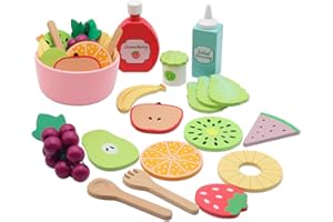 RZMZBY Kinderküche Zubehör aus Holz 18 Stücke Spielküche Zubehör Lebensmittel Spielzeug mit Obst Gemüse Geschirr Kochen Lebensmittel Simulation Bildungs und Farbe Wahrnehmung für Jungen Mädchen