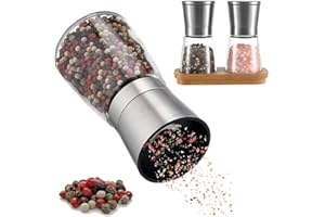 Zolmer® Molinillo de sal y pimienta con soporte de bambú, juego de 2 molinillos de especias de acero inoxidable y cristal, mecanismo de cerámica ajustable, recargable y elegante para cualquier cocina