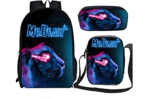SHOSTYY 3Pcs/Set Mr Beasts Cartoon Kids School Backpack Anime Backpack Casual Travel Rucksack Boys Girls with Messenger Bag Pencil Bag