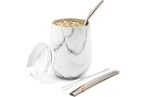 balibetov Set de Mate Argentino para Yerba Mate - Kit Mate de Vaso para Mate Pared Doble de Acero Inoxidable 18/8 - Incluye Dos Bombilla Mate y un Cepillo para Limpiar la Bombilla (355 ml, Marmol)