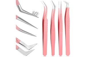 Nogeqi Lot de 4 pinces à cils en acier inoxydable, ensemble pointu avec pointes, pointes droites et incurvées, pince à cils rayée pour cils, pince à cils professionnelle pour extension de cils (rose)