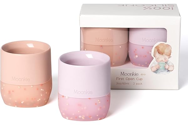 Moonkie Verre Bebe 60ml, Lot de 2 Gobelets en Silicone avec Base Lestée, Tasse Bebe Ouverte pour 4 Mois+, Sans BPA, Compatible Lave-Vaisselle & Micro-ondes(Blush/Lilas doux)