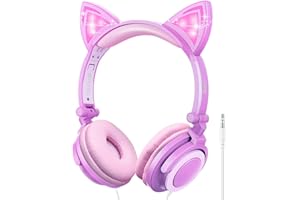 LOBKIN Auriculares para niños, Orejas de Gato con luz LED, Plegables, Ligeros, con Cable de Audio de 3,5 mm para Smartphone, Tablet, iPad, portátil, Ordenador, MP3/4