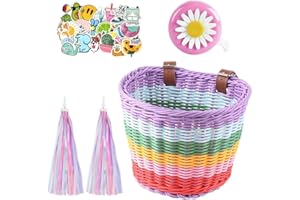 Lotvic Cesta de Bicicleta para Niños, Canasta para Bicicleta para Niñas, Canasta para Bicicletas con Correas Ajustables, Cesta de Bicicleta con Timbre Serpentinas Pegatinas