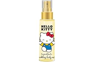 URODA Hello Kitty Sanrio Sparkling Body Mist for Girls - Tropical Fruit Scent with Shimmering Particles and Brightening Effect - Fun Fruity Perfume Spray, 100ml