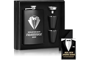 WDFCN Trauzeugen Flachmann Willst Du Mein Trauzeuge Sein mit Karte 8oz Flachmann Mit Gravur Schwarz 4 Becher Trichter In Schwarzer Geschenkbox Geschenk Edelstahl Schnapsgläser Mann Für Hochzeit (Schwarz)