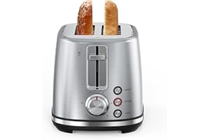 LONGDEEM Toaster 2 Fette, Fessura Extra Larga 1,5" in Acciaio Inox con Leva Alzata, 6 Livelli, Ricuocere/Scialle, Scodella per Grani Rimuovibile, Ricavo per Cavo sotto Base, Argento