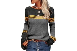 Tankaneo Damen Pullover Colorblock Langarm Rundhals Strickpullover Gestreift Slim Fit Strickwaren Tops