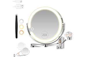 B Beauty Planet Wall Mounted Makeup Mirror, 1X/20X Double-Sided Magnifying Mirror with 3 Color Lights, 360° Foldable Extendable Arm Design for Shaving & Makeup, Height Adjustable for Bathroom, Silver