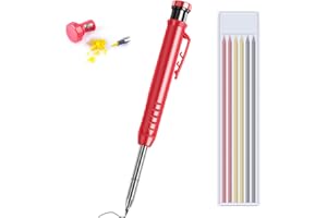 Spopal Carpenters Pencil, [Built-in Sharpener] Mechanical Carpenters Pencil with 7 Solid Marker Refills, Long Head Deep Hole Marker Tools for Construction & Woodworking (Red Yellow Black Refill)