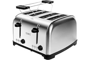 OZAVO Grille-pain, Toaster Multifonction Extra Larges avec Controle de Temperature et Plateau de Miettes Amovible, Acier Inoxydable (4 fentes)