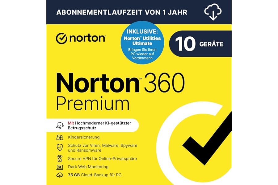 Norton 360 Premium + Utilities Ultimate 2026 | 10 Geräte | 1 Jahr |Aktivierungscode per Email