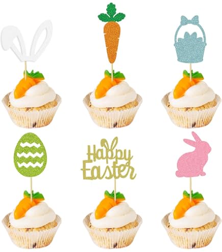 Set Da 9 Topper Per Torta Di Pasqua – Coniglietti, Carote, Erba E Scritta Happy Birthday, In Materiale Alimentare