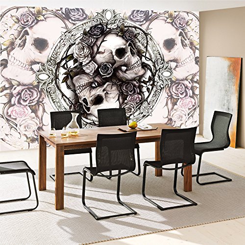 Fototapete 254×184 cm PREMIUM Wand Foto Tapete Wand Bild Papiertapete – Illustrationen Tapete Alchemy Totenkopf Vintage Schädel Rosen schwarz – no. 2718 - 7
