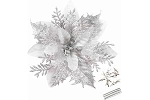 GREENTIME 12 Pcs Glitter Poinsettia 5.5" Artificial Flowers Christmas with Clips Stems Xmas Tree Ornaments for Wedding Party Wreath Decoration (Silver)