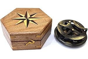 NAUTICAL REPLICA HUB Captain Messing-Sonnenuhrenkompass aus massivem Messing in Holzbox